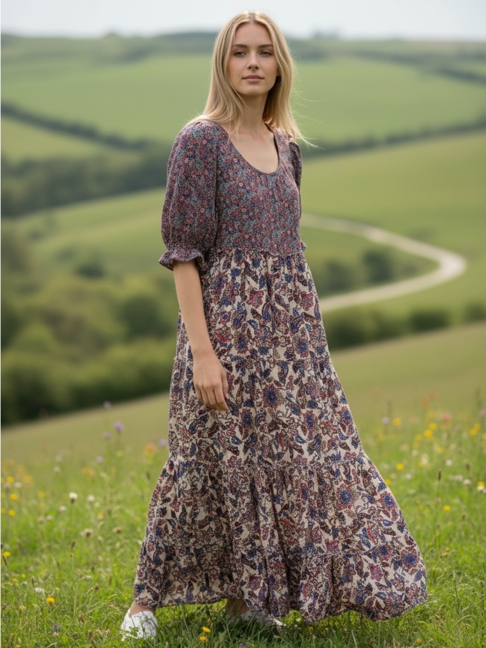 NEW Natural Life Floral Paisley Tiered Ruffle Short Sleeve Boho Maxi Dress